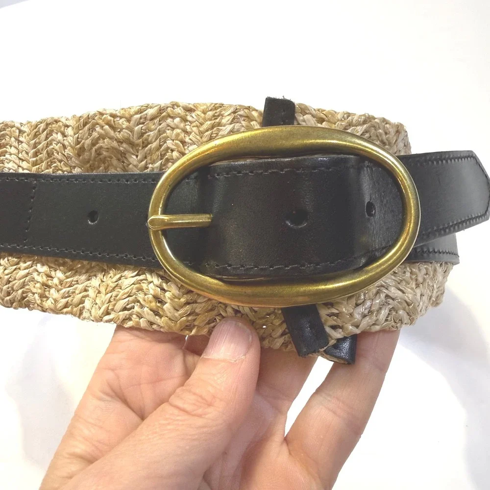 Unbranded Wide Woven Straw Raffia Leather Waist Belt Black Tan Brass Buckle 3in